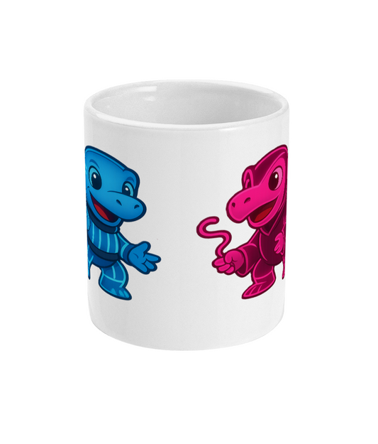 Dino Dreams Mug – Blue & Pink Cartoon Dinosaurs